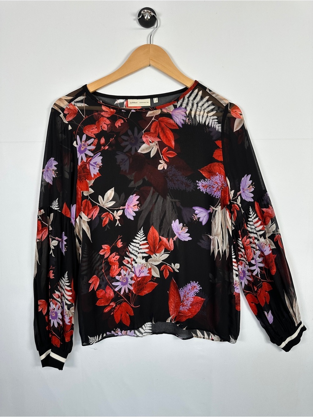 InWear Black Floral Sheer Chiffon Blouse Size 10 Balloon Sleeve Copenhagener Top
